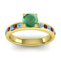 Emerald Ring In 14k Yellow Gold With Swiss Blue Topaz And Garnet Dharma Round Classic Ring