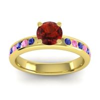 Garnet Ring In 14k Yellow Gold With Blue Sapphire And Pink Tourmaline Dharma Round Classic Ring
