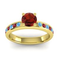 Garnet Ring In 14k Yellow Gold With Swiss Blue Topaz And Ruby Dharma Round Classic Ring