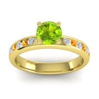 Peridot Ring In 14k Yellow Gold With Lab Diamond And Citrine Dharma Round Classic Ring