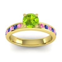 Peridot Ring In 14k Yellow Gold With Pink Tourmaline And Blue Sapphire Dharma Round Classic Ring