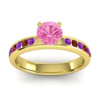 Pink Tourmaline Ring In 14k Yellow Gold With Amethyst And Garnet Dharma Round Classic Ring