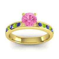Pink Tourmaline Ring In 14k Yellow Gold With Blue Sapphire And Peridot Dharma Round Classic Ring