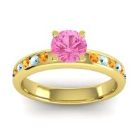 Pink Tourmaline Ring In 14k Yellow Gold With Citrine And Aquamarine Dharma Round Classic Ring