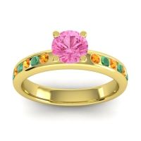 Pink Tourmaline Ring In 14k Yellow Gold With Citrine And Emerald Dharma Round Classic Ring