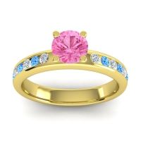 Pink Tourmaline Ring In 14k Yellow Gold With Lab Diamond And Swiss Blue Topaz Dharma Round Classic Ring