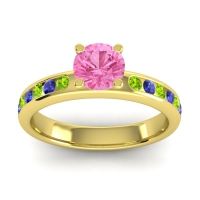 Pink Tourmaline Ring In 14k Yellow Gold With Peridot And Blue Sapphire Dharma Round Classic Ring