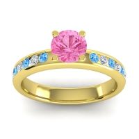 Pink Tourmaline Ring In 14k Yellow Gold With Swiss Blue Topaz And Lab Diamond Dharma Round Classic Ring