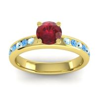 Ruby Ring In 14k Yellow Gold With Aquamarine And Swiss Blue Topaz Dharma Round Classic Ring