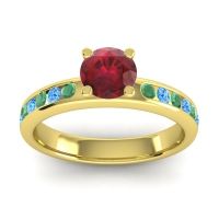Ruby Ring In 18k Yellow Gold With Emerald And Swiss Blue Topaz Dharma Round Classic Ring