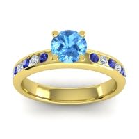 Swiss Blue Topaz Ring In 14k Yellow Gold With Blue Sapphire And Lab Diamond Dharma Round Classic Ring