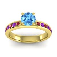 Swiss Blue Topaz Ring In 14k Yellow Gold With Ruby And Amethyst Dharma Round Classic Ring