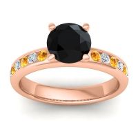 Black Onyx Engagement Ring In 14K Rose Gold With Citrine And Diamond - Mizra Round Classic Ring