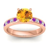 Citrine Ring In 14K Rose Gold With Amethyst And Lab Diamond Mizra Round Classic Ring