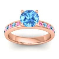 Swiss Blue Topaz Ring In 14K Rose Gold With Pink Tourmaline And Aquamarine Mizra Round Classic Ring