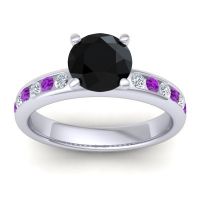 Black Onyx Ring In 14k White Gold With Diamond And Amethyst Mizra Round Classic Ring