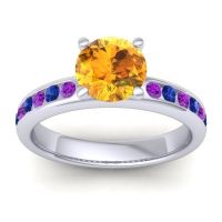 Citrine Ring In 14k White Gold With Amethyst And Blue Sapphire Mizra Round Classic Ring