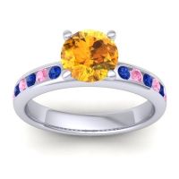 Citrine Ring In 14k White Gold With Blue Sapphire And Pink Tourmaline Mizra Round Classic Ring