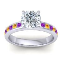 Diamond Ring In Palladium With Amethyst And Citrine Mizra Round Classic Ring