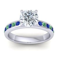 Diamond Ring In Palladium With Blue Sapphire And Emerald Mizra Round Classic Ring