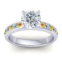 Diamond Ring In Palladium With Citrine And Aquamarine Mizra Round Classic Ring