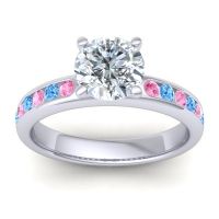Diamond Ring In Platinum With Pink Tourmaline And Swiss Blue Topaz Mizra Round Classic Ring