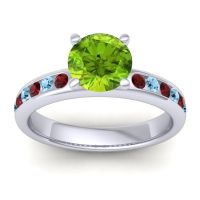 Peridot Ring In 14k White Gold With Garnet And Aquamarine Mizra Round Classic Ring
