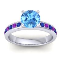 Swiss Blue Topaz Ring In 14k White Gold With Blue Sapphire And Amethyst Mizra Round Classic Ring
