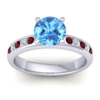 Swiss Blue Topaz Ring In 14k White Gold With Garnet And Lab Diamond Mizra Round Classic Ring