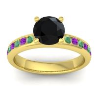 Black Onyx Ring In 14k Yellow Gold With Emerald And Amethyst Mizra Round Classic Ring