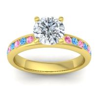 Diamond Ring In 14k Yellow Gold With Pink Tourmaline And Swiss Blue Topaz Mizra Round Classic Ring