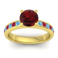 Garnet Ring In 14k Yellow Gold With Swiss Blue Topaz And Ruby Mizra Round Classic Ring