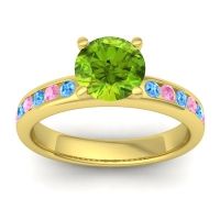 Peridot Ring In 14k Yellow Gold With Swiss Blue Topaz And Pink Tourmaline Mizra Round Classic Ring