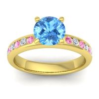Swiss Blue Topaz Ring In 14k Yellow Gold With Pink Tourmaline And Lab Diamond Mizra Round Classic Ring
