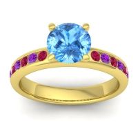 Swiss Blue Topaz Ring In 14k Yellow Gold With Ruby And Amethyst Mizra Round Classic Ring