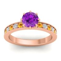 Amethyst Ring In 18K Rose Gold With Citrine And Lab Diamond Jalika-6 Round Classic Ring