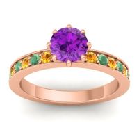 Amethyst Ring In 14K Rose Gold With Citrine And Emerald Jalika-6 Round Classic Ring