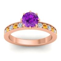 Amethyst Ring In 14K Rose Gold With Diamond And Citrine Jalika-6 Round Classic Ring