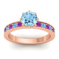 Aquamarine Ring In 18K Rose Gold With Amethyst And Swiss Blue Topaz Jalika-6 Round Classic Ring