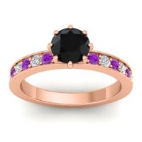 Black Onyx Ring In 18K Rose Gold With Amethyst And Lab Diamond Jalika-6 Round Classic Ring