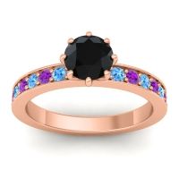 Black Onyx Ring In 18K Rose Gold With Swiss Blue Topaz And Amethyst Jalika-6 Round Classic Ring