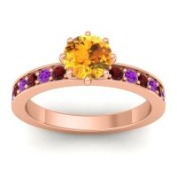 Citrine Ring In 18K Rose Gold With Garnet And Amethyst Jalika-6 Round Classic Ring