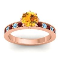 Citrine Ring In 18K Rose Gold With Garnet And Aquamarine Jalika-6 Round Classic Ring
