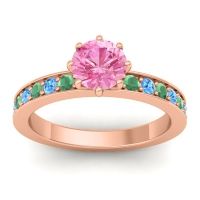Pink Tourmaline Ring In 18K Rose Gold With Emerald And Swiss Blue Topaz Jalika-6 Round Classic Ring