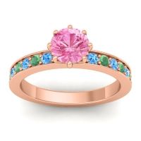 Pink Tourmaline Ring In 14K Rose Gold With Swiss Blue Topaz And Emerald Jalika-6 Round Classic Ring