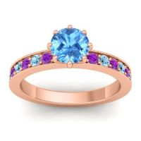 Swiss Blue Topaz Ring In 18K Rose Gold With Amethyst And Aquamarine Jalika-6 Round Classic Ring