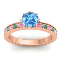 Swiss Blue Topaz Ring In 18K Rose Gold With Pink Tourmaline And Emerald Jalika-6 Round Classic Ring