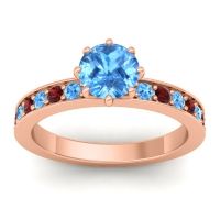 Swiss Blue Topaz Ring In 18K Rose Gold With Garnet Jalika-6 Round Classic Ring
