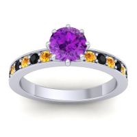 Amethyst Ring In Platinum With Citrine And Black Onyx Jalika-6 Round Classic Ring