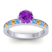 Amethyst Ring In 18k White Gold With Swiss Blue Topaz And Citrine Jalika-6 Round Classic Ring